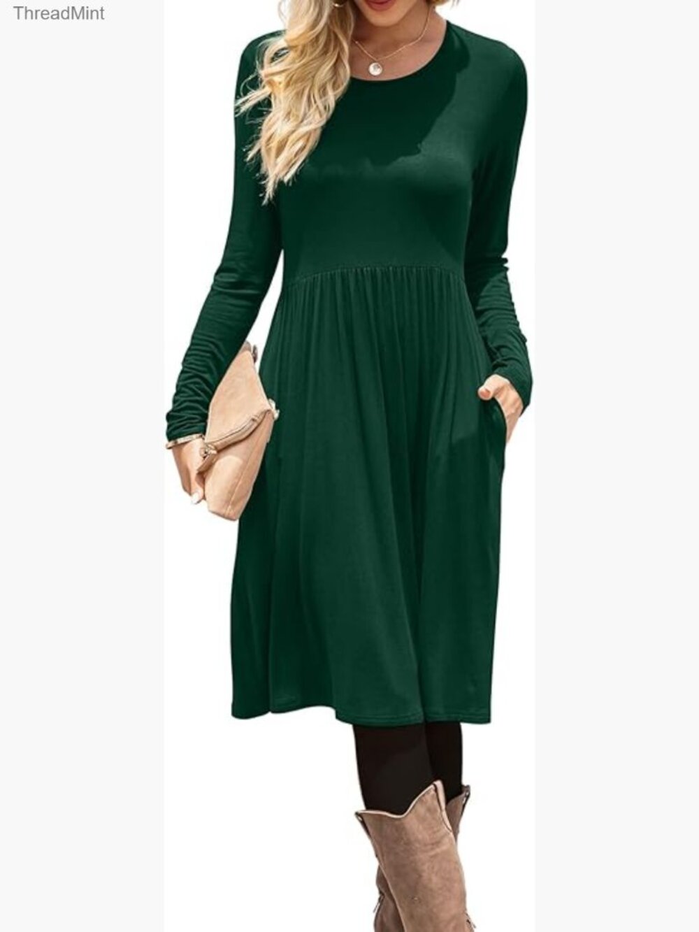 Long Sleeve Casual Dress Empire Waist Knee Length Loose with Pockets